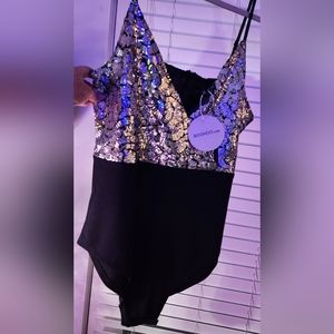 NWT bodysuit sequin silver wrap v neck